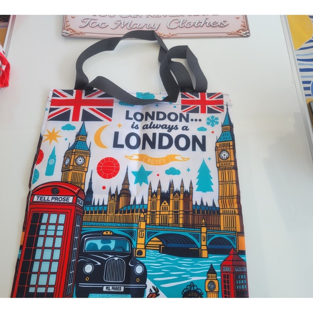 London Theme Tote Bag with Big Ben, Tower Bridge, Red‎ Telephone Booth, British. - Picture 7 of 10